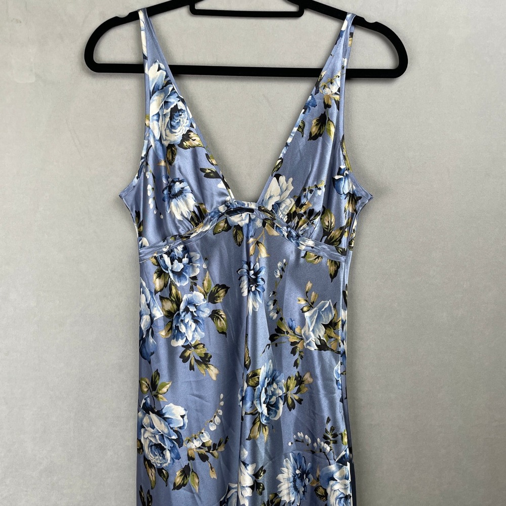Jones New York Blue Floral Romantic Satin Soft Girl Spring Dress Midi V-Neck M - Picture 3 of 8
